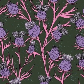 Freehand messy thistles - botanical sketches flower garden pink lilac on night green  