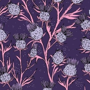 Freehand messy thistles - botanical sketches flower garden pink lilac on deep purple  