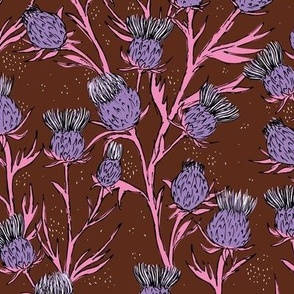 Freehand messy thistles - botanical sketches flower garden pink lilac on burgundy red  