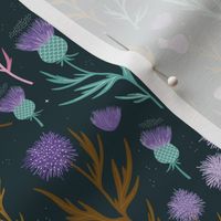 Vintage Thistles - Scandinavian style romantic flower blossom lilac teal pink on navy blue  