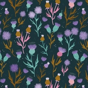 Vintage Thistles - Scandinavian style romantic flower blossom lilac teal pink on navy blue  