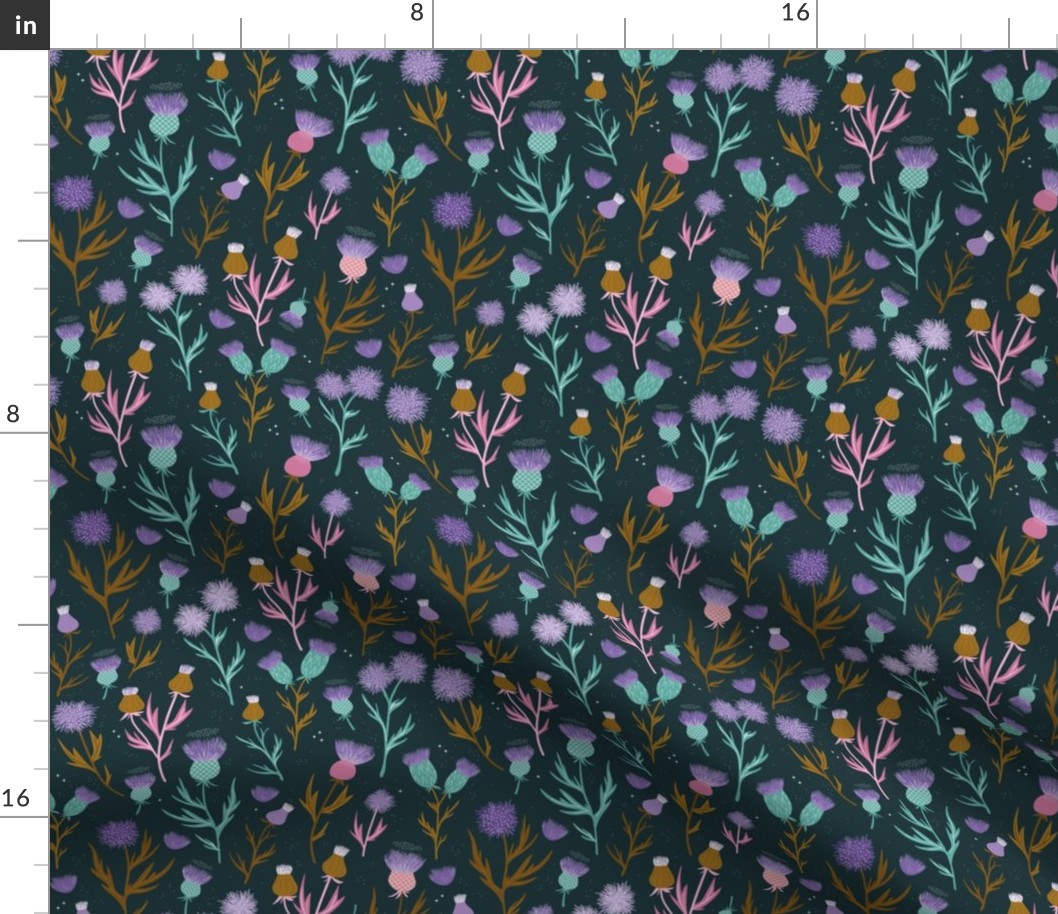 Vintage Thistles - Scandinavian style romantic flower blossom lilac teal pink on navy blue  