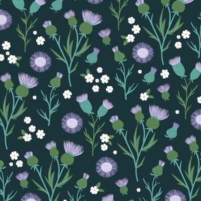 Thistles blossom romantic Scandinavian style flower garden thistle and daisy design green teal purple lilac on navy