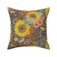 Colorful Boho Sunflowers and Mums on Brown Background