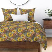 Colorful Boho Sunflowers and Mums on Brown Background