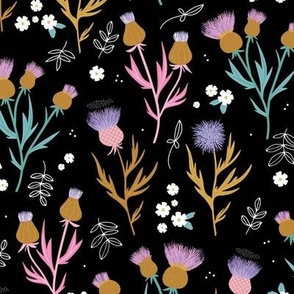 Flower night thistles and daisies summer garden colorful retro style blossom lilac golden teal on black 