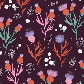 Flower night thistles and daisies summer garden colorful retro style blossom lilac lilac red on burgundy 