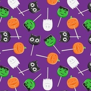 (small scale) Halloween Lollipops - Dark Purple - Pumpkin, black cat, ghost, Frankenstein's monster - LAD22