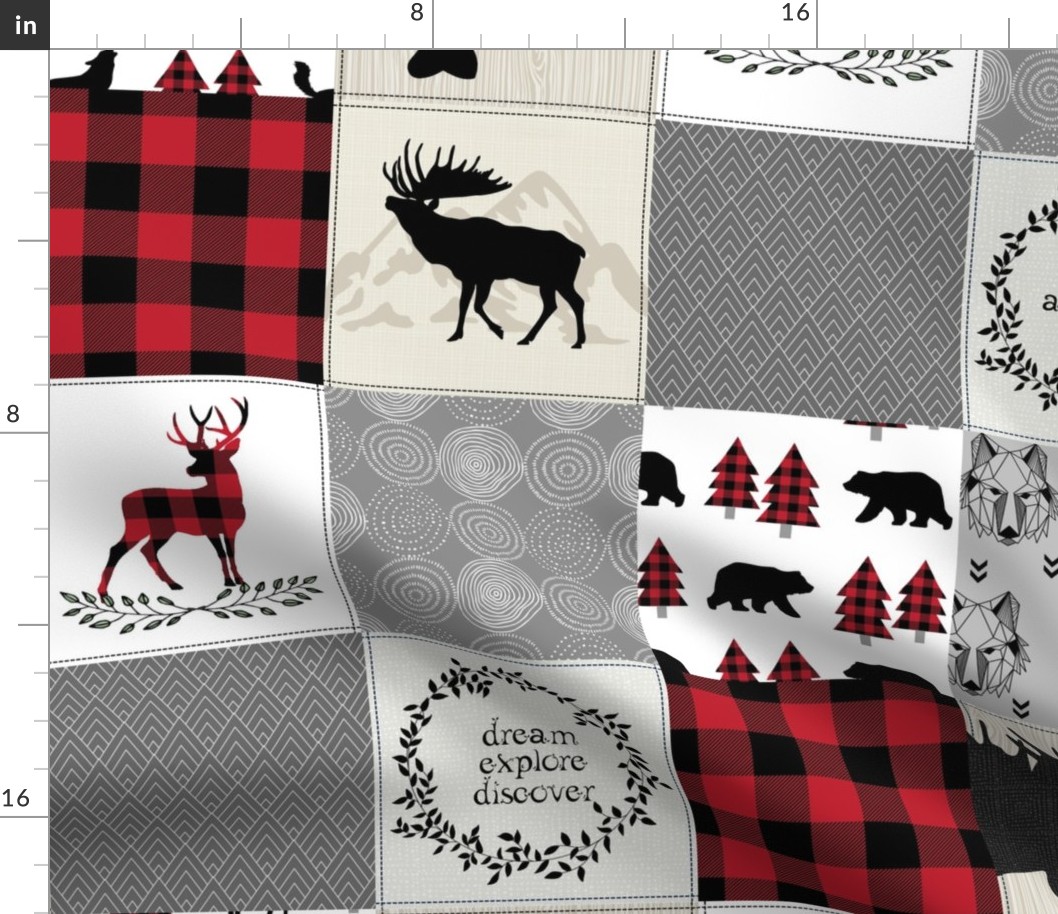 Adventure Begins Woodland Patchwork Quilt – Bear Moose Deer Wolf Crib Blanket, GL-BR2