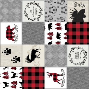 Adventure Begins Woodland Patchwork Quilt – Bear Moose Deer Wolf Crib Blanket, GL-BR2, rotated