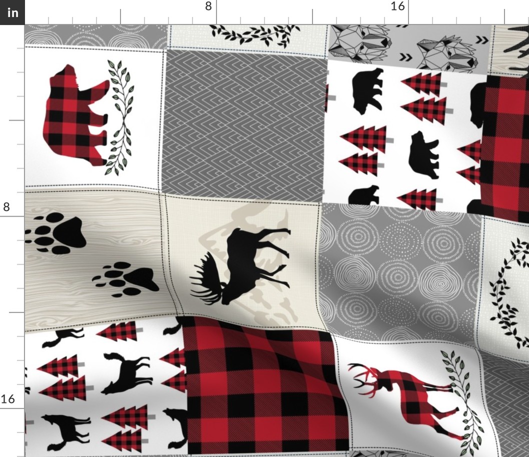 Adventure Begins Woodland Patchwork Quilt – Bear Moose Deer Wolf Crib Blanket, GL-BR2, rotated