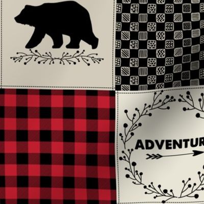 4 1/2" Adventure Patchwork Quilt - Black, Red + Cream Woodland Bear & Moose Baby Blanket Design