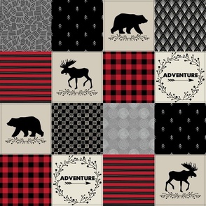 4 1/2" Adventure Patchwork Quilt - Black, Red + Cream Woodland Bear & Moose Baby Blanket Design