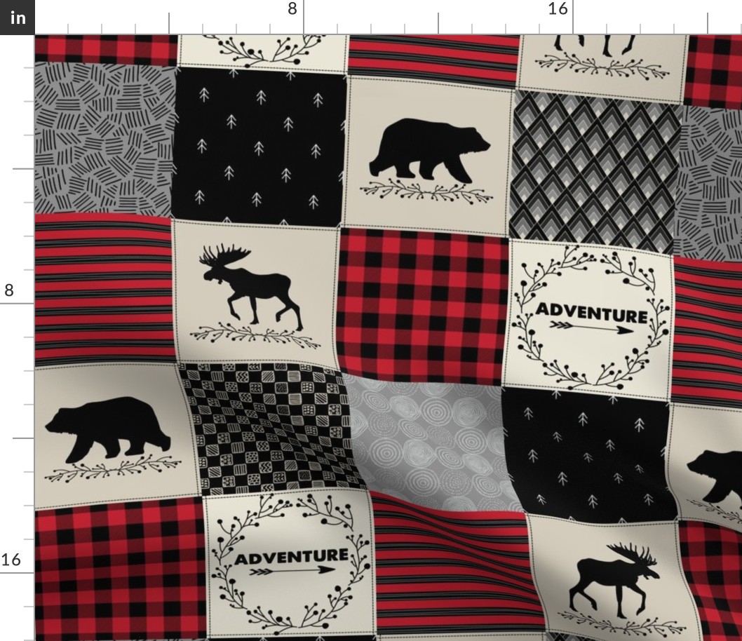 4 1/2" Adventure Patchwork Quilt - Black, Red + Cream Woodland Bear & Moose Baby Blanket Design