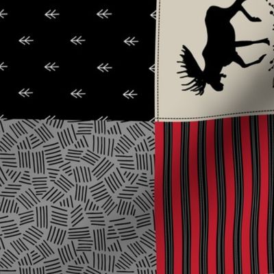 4 1/2" Adventure Patchwork Quilt - Black, Red + Cream Woodland Bear & Moose Baby Blanket Design, rotated