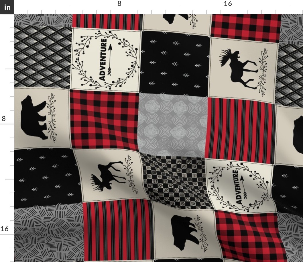 4 1/2" Adventure Patchwork Quilt - Black, Red + Cream Woodland Bear & Moose Baby Blanket Design, rotated