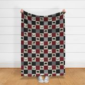 4 1/2" Woodland Quilt Top - Bear Moose + Antler Wholecloth Baby Boy Blanket Panel - Black, Red + Cream Design