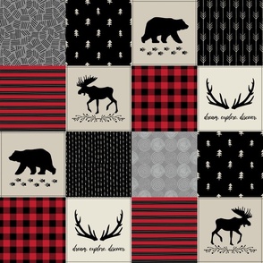 4 1/2" Woodland Quilt Top - Bear Moose + Antler Wholecloth Baby Boy Blanket Panel - Black, Red + Cream Design