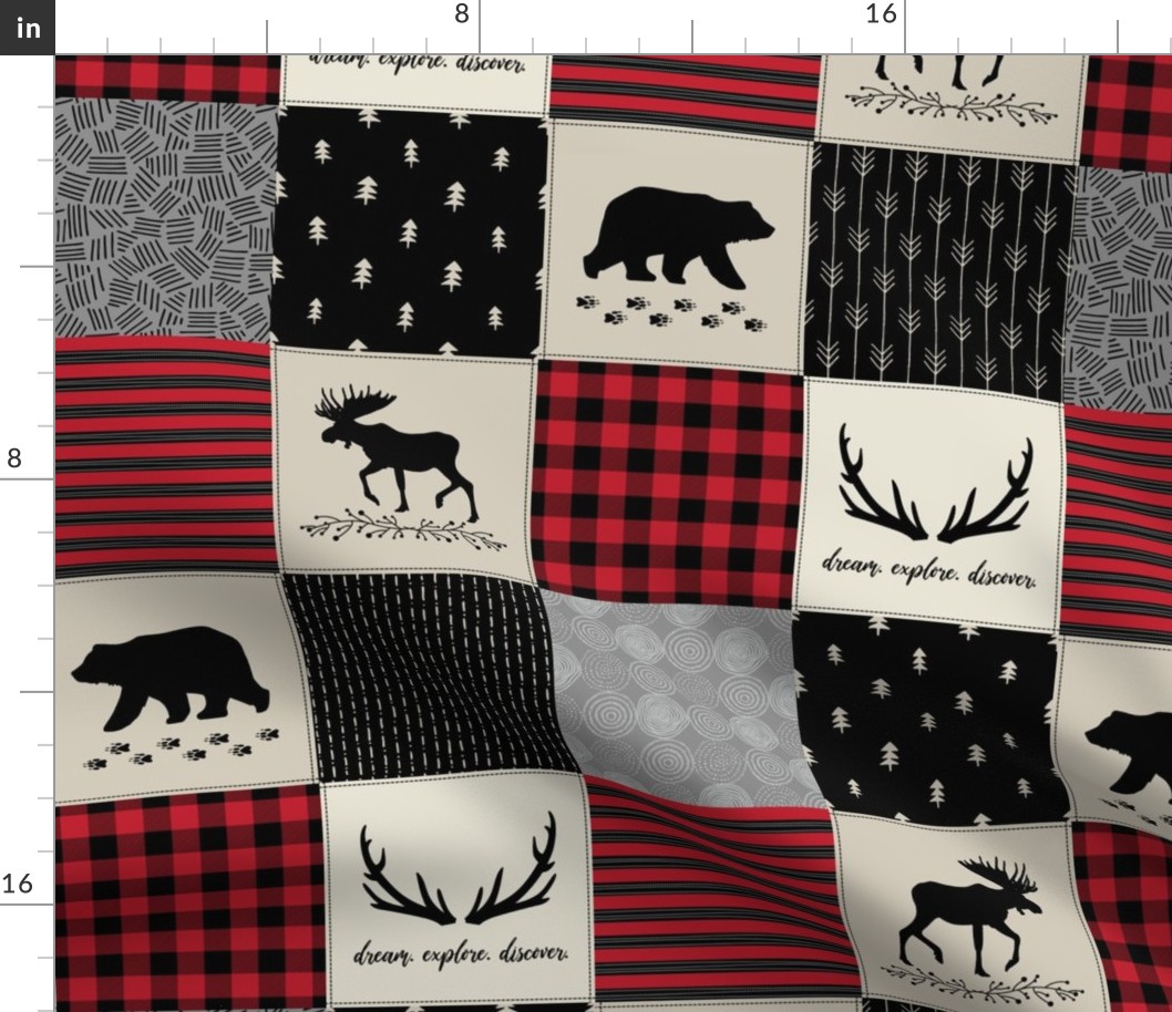 4 1/2" Woodland Quilt Top - Bear Moose + Antler Wholecloth Baby Boy Blanket Panel - Black, Red + Cream Design