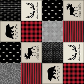 4 1/2" Woodland Quilt Top - Bear Moose + Antler Wholecloth Baby Boy Blanket Panel - Black, Red + Cream Design, rotated