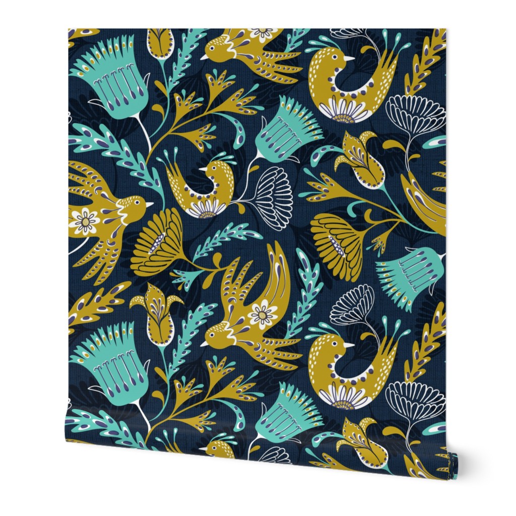 La Fantasia Folklore Birds and Flowers - Navy Blue Golden Olive Green Aqua Large Scale