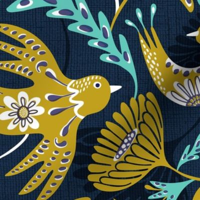 La Fantasia Folklore Birds and Flowers - Navy Blue Golden Olive Green Aqua Large Scale