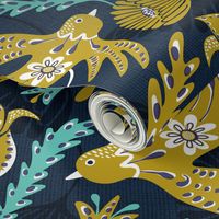 La Fantasia Folklore Birds and Flowers - Navy Blue Golden Olive Green Aqua Large Scale