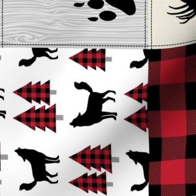 Lumberjack Woodland Patchwork Blanket – Bear Moose Deer Cheater Quilt, GL-BR3, rotated