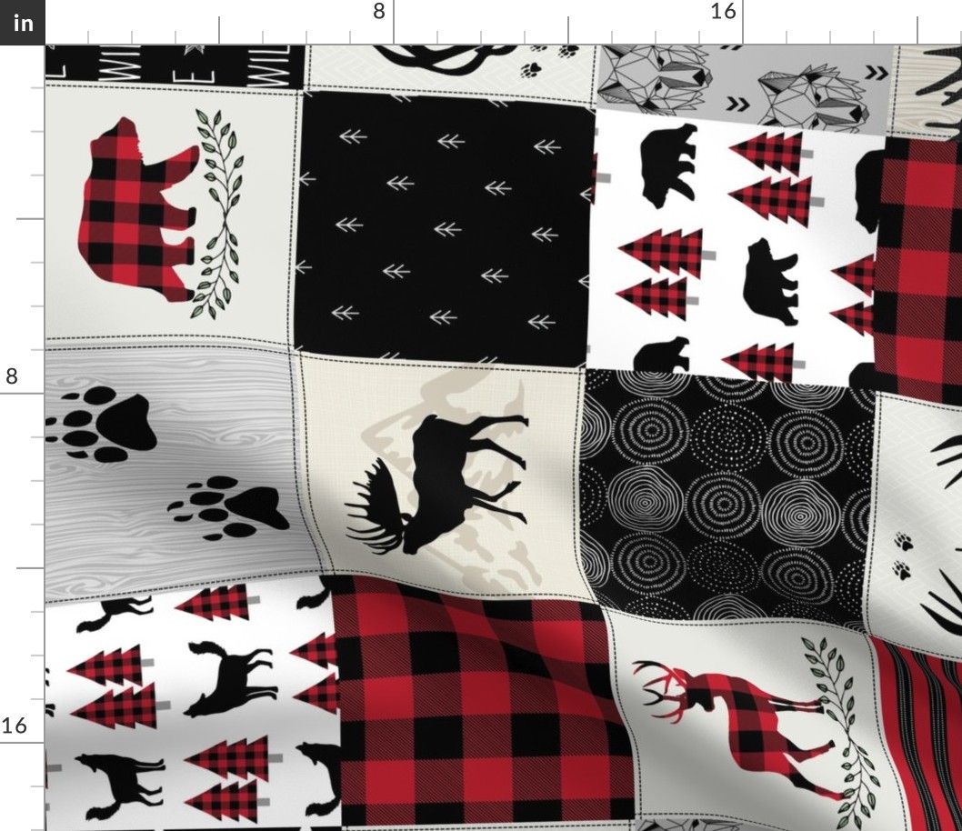 Lumberjack Woodland Patchwork Blanket – Bear Moose Deer Cheater Quilt, GL-BR3, rotated