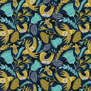 La Fantasia Folklore Birds and Flowers - Navy Blue Golden Olive Green Aqua Small Scale