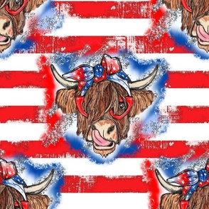 July Highland Cow red white blue 4th of July 