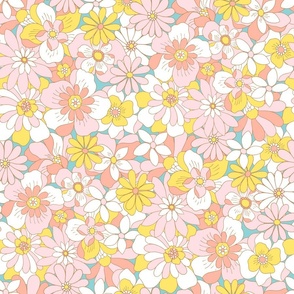 Eden retro floral coral pink yellow on teal large scale by Jac Slade