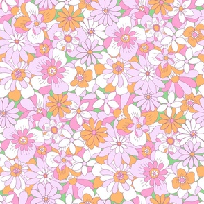 Eden retro floral orange lilac pink on green by Large Scale Jac Slade