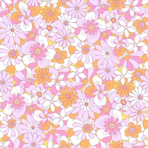 Eden retro floral orange lilac pink on yellow Large Scale by Jac Slade