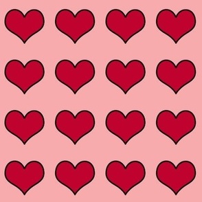 Hearts  red on pink black outline 1.75 inch