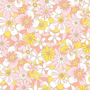 Eden retro floral coral pink yellow XLarge Scale  by Jac Slade