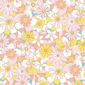 Eden retro floral coral pink yellow on teal XLarge Scale by Jac Slade