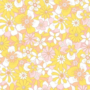 Eden retro floral yellow coral XLarge Scale by Jac Slade