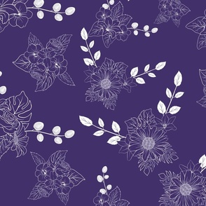 Flower foliage line drawing - Line art white on purple fabric