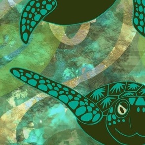 Loggerhead Turtles, watercolored background, 24 inch