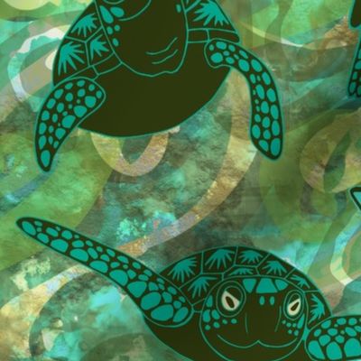 Loggerhead Turtles, watercolored background, 18 inch