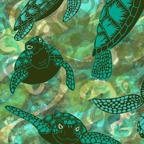 Loggerhead Turtles, watercolored background, 12 inch