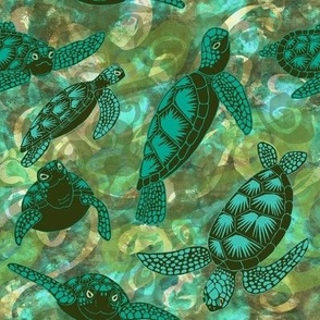 Loggerhead Turtles, watercolored background, 8 inch