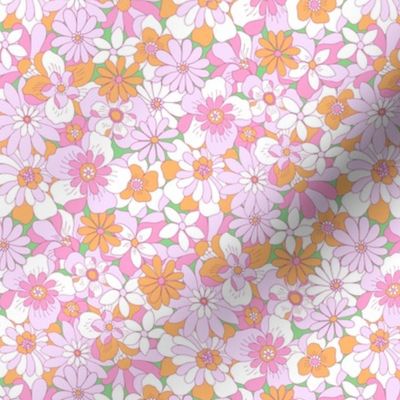 Eden retro floral orange lilac pink on green Small scale by Jac Slade