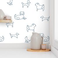 Dogs line art - dachshunds, labradors, pugs, poodles, chihuahuas, navy blue on white - large