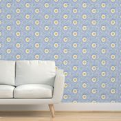 overlapping camellia flowers/bright blue and mustard/medium