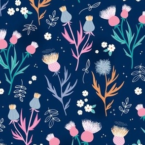 Flower night thistles and daisies summer garden colorful retro style blossom pink teal orange on navy blue night
