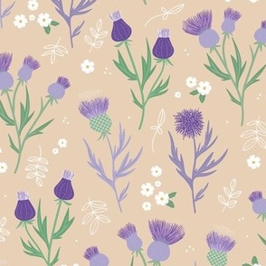 Flower night thistles and daisies summer garden colorful retro style blossom lilac violet purple green on beige sand