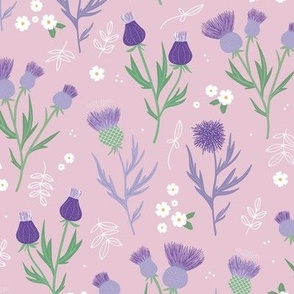 Flower night thistles and daisies summer garden colorful retro style blossom lilac violet purple green on soft pink 