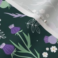 Flower night thistles and daisies summer garden colorful retro style blossom lilac violet purple green on pine green 